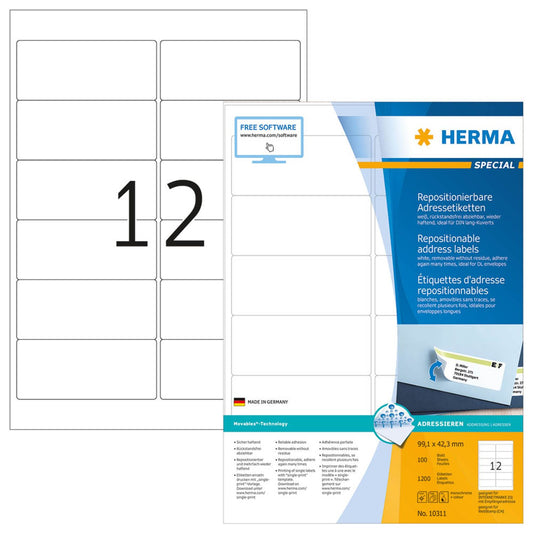 HERMA Adressetiketten weiß 99,1 x 42,3 mm | 10311 | 1 Pack = 100 Blatt