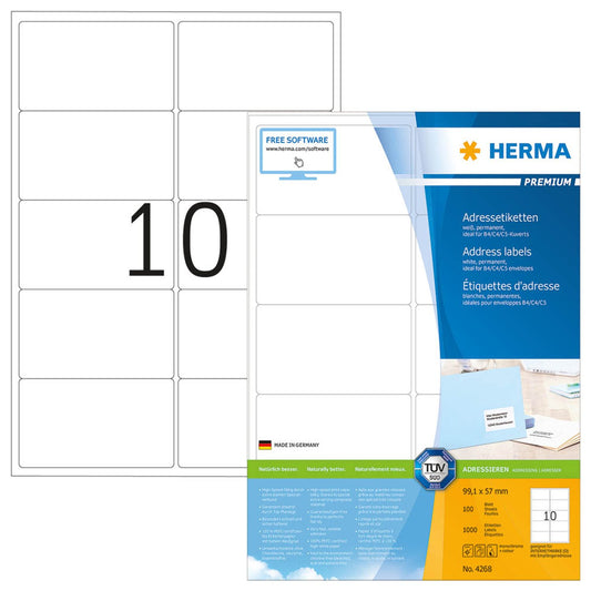 HERMA Etiketten weiß 99,1 x 57,0 mm | 4268 | 1 Pack = 100 Blatt