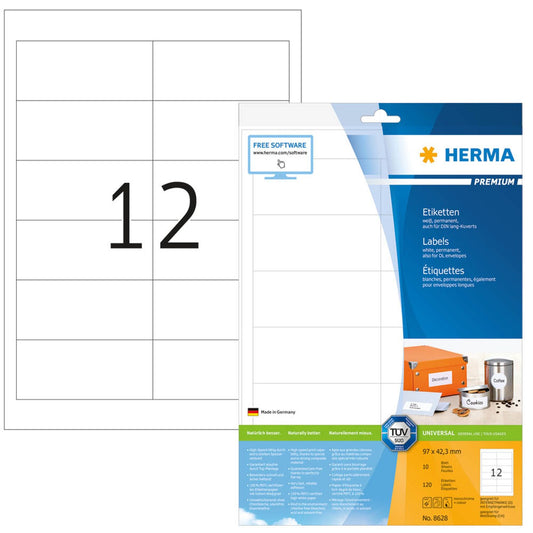HERMA Etiketten weiß 97,0 x 42,3 mm | 8628 | 1 Pack = 10 Blatt
