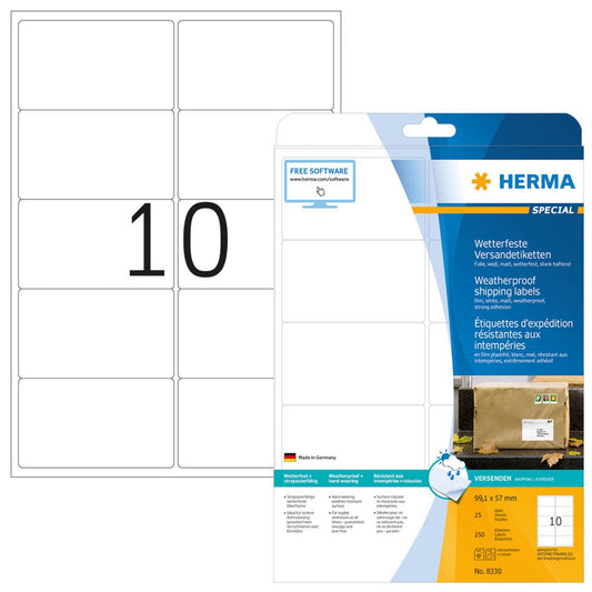 HERMA Folien-Versandetiketten weiß 99,1 x 57,0 mm | 8330 | 1 Pack = 25 Blatt