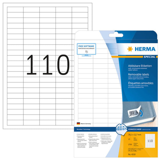 HERMA Etiketten weiß 38,1 x 12,7 mm | 4210 | 1 Pack = 25 Blatt