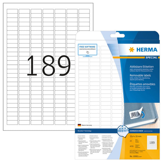 HERMA Etiketten weiß 25,4 x 10,0 mm | 10001 | 1 Pack = 25 Blatt