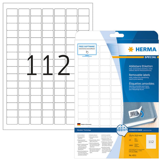HERMA Etiketten weiß 25,4 x 16,9 mm | 4211 | 1 Pack = 25 Blatt