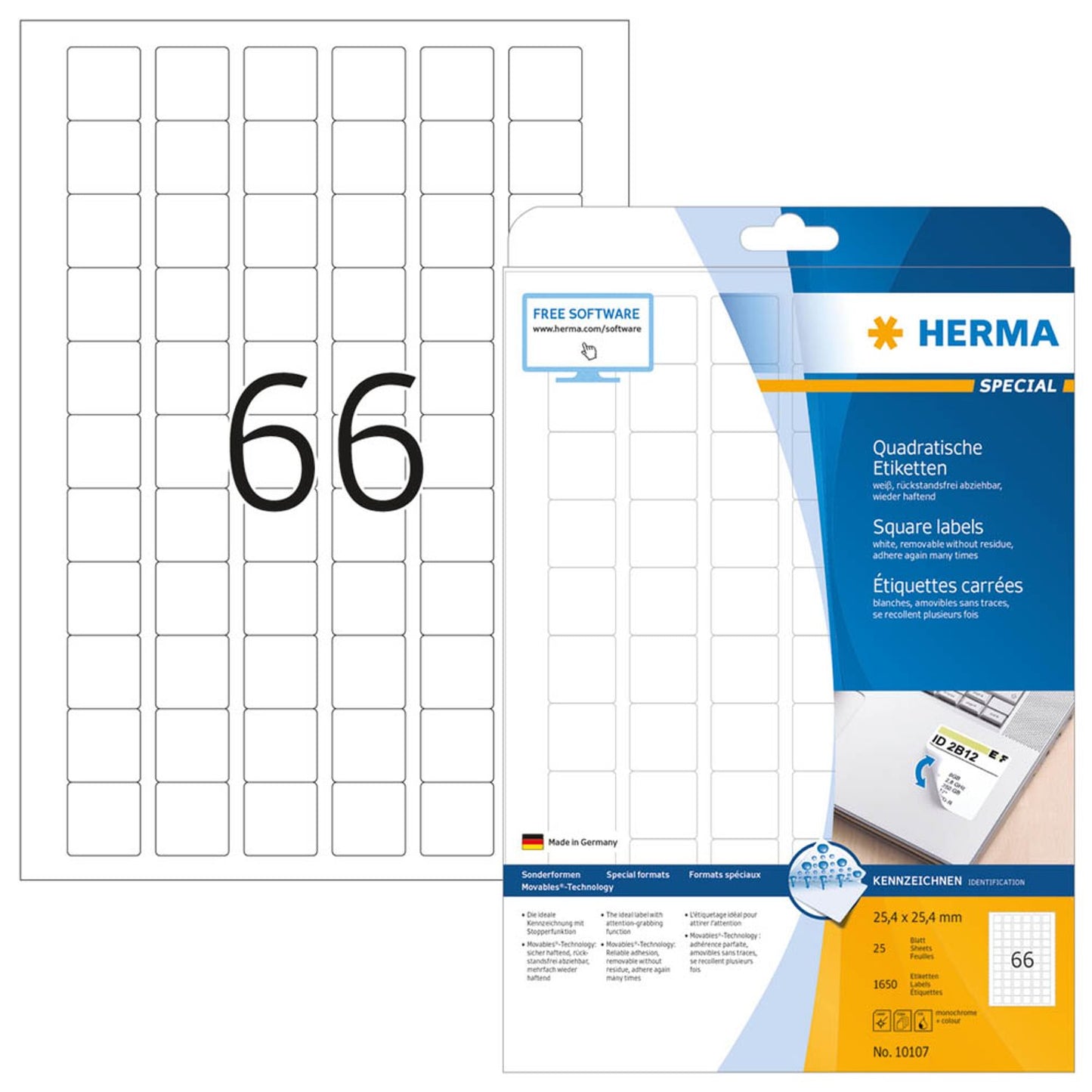 HERMA Etiketten weiß 25,4 x 25,4 mm | 10107 | 1 Pack = 25 Blatt
