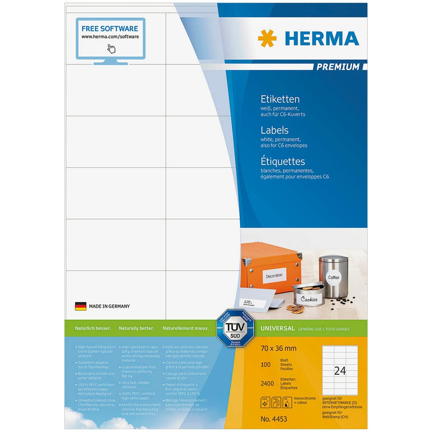 HERMA Etiketten weiß 70,0 x 36,0 mm | 4453 | 1 Pack = 100 Blatt