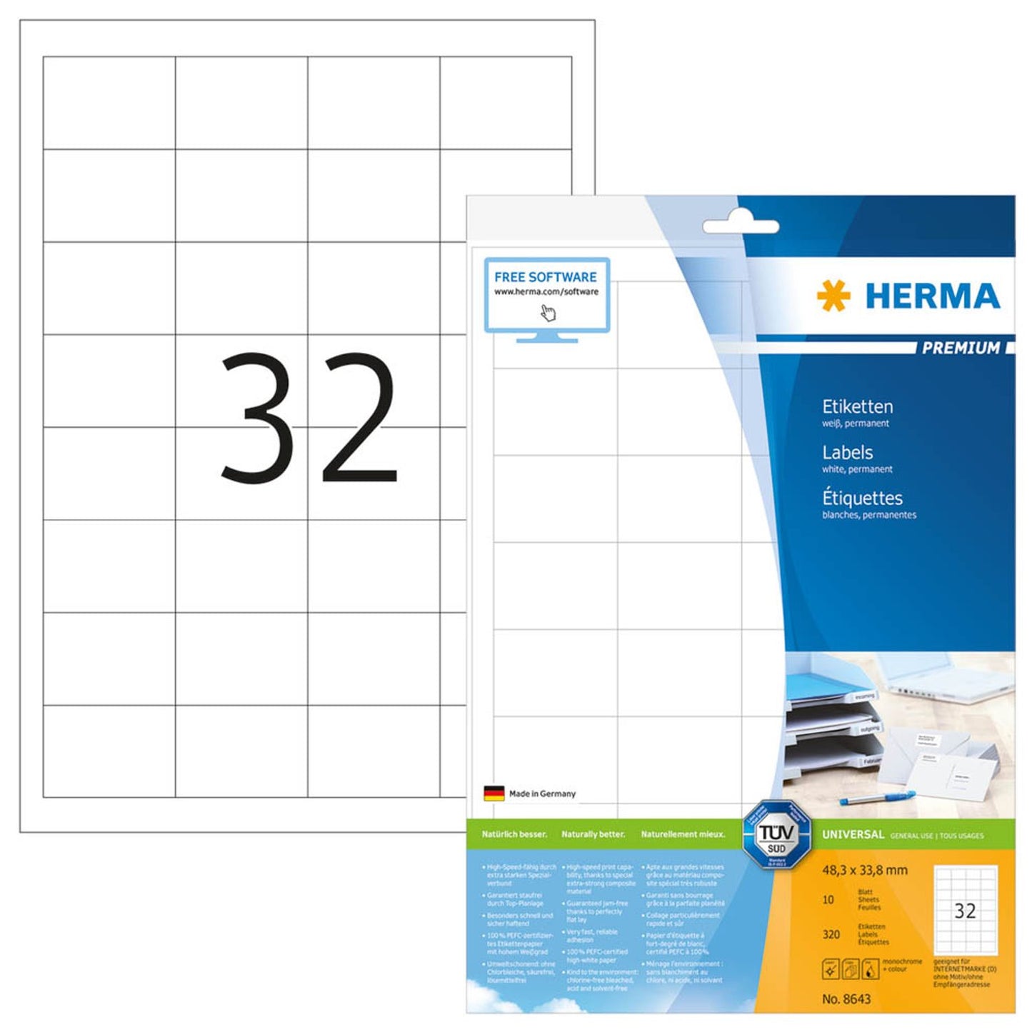 HERMA Etiketten weiß 48,3 x 33,8 mm | 8643 | 1 Pack = 10 Blatt