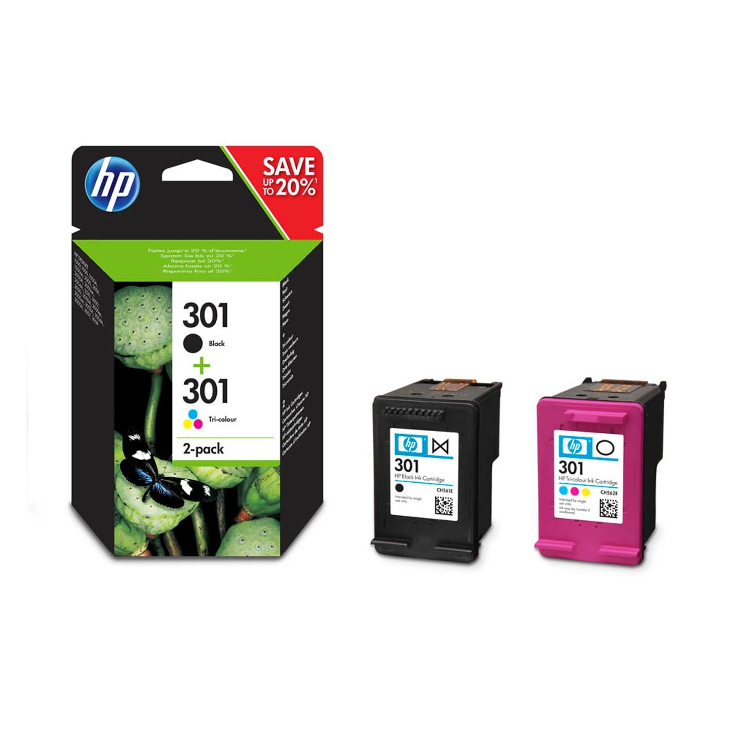 HP 301 () schwarz, color Druckerpatronen, 2er-Set | N9J72AE | 1 Pack = 2 St.