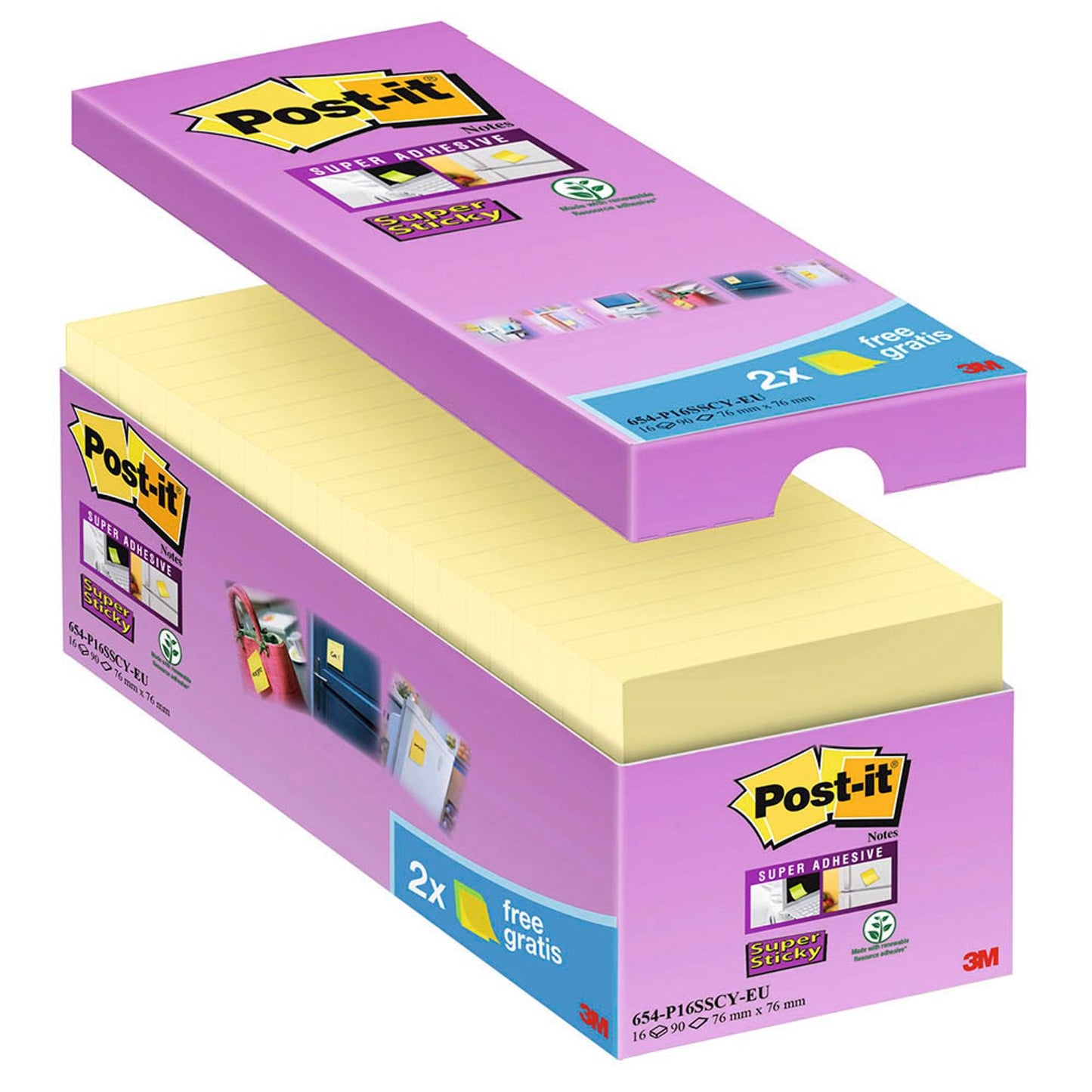 Post-it® + 2 GRATIS: Haftnotizen extrastark 654 gelb, 14 Blöcke + GRATIS 2 Blöcke | 65416 SYP | 1 Aktionspack = 14 Blöcke
