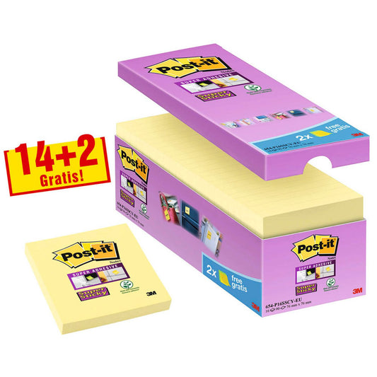 Post-it® + 2 GRATIS: Haftnotizen extrastark 654 gelb, 14 Blöcke + GRATIS 2 Blöcke | 65416 SYP | 1 Aktionspack = 14 Blöcke