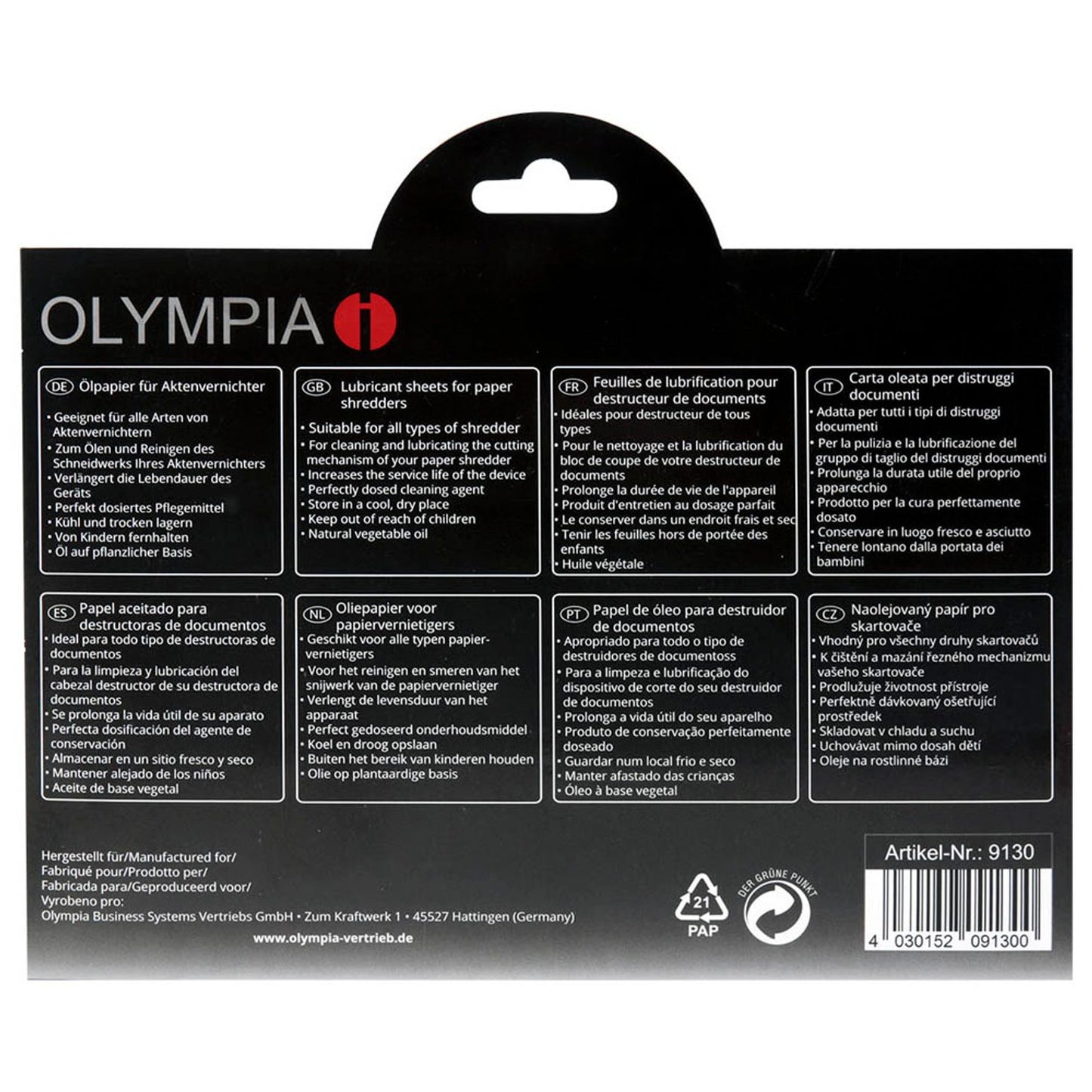 OLYMPIA Aktenvernichter-Ölblätter | 9130 | 1 Pack = 12 Blatt