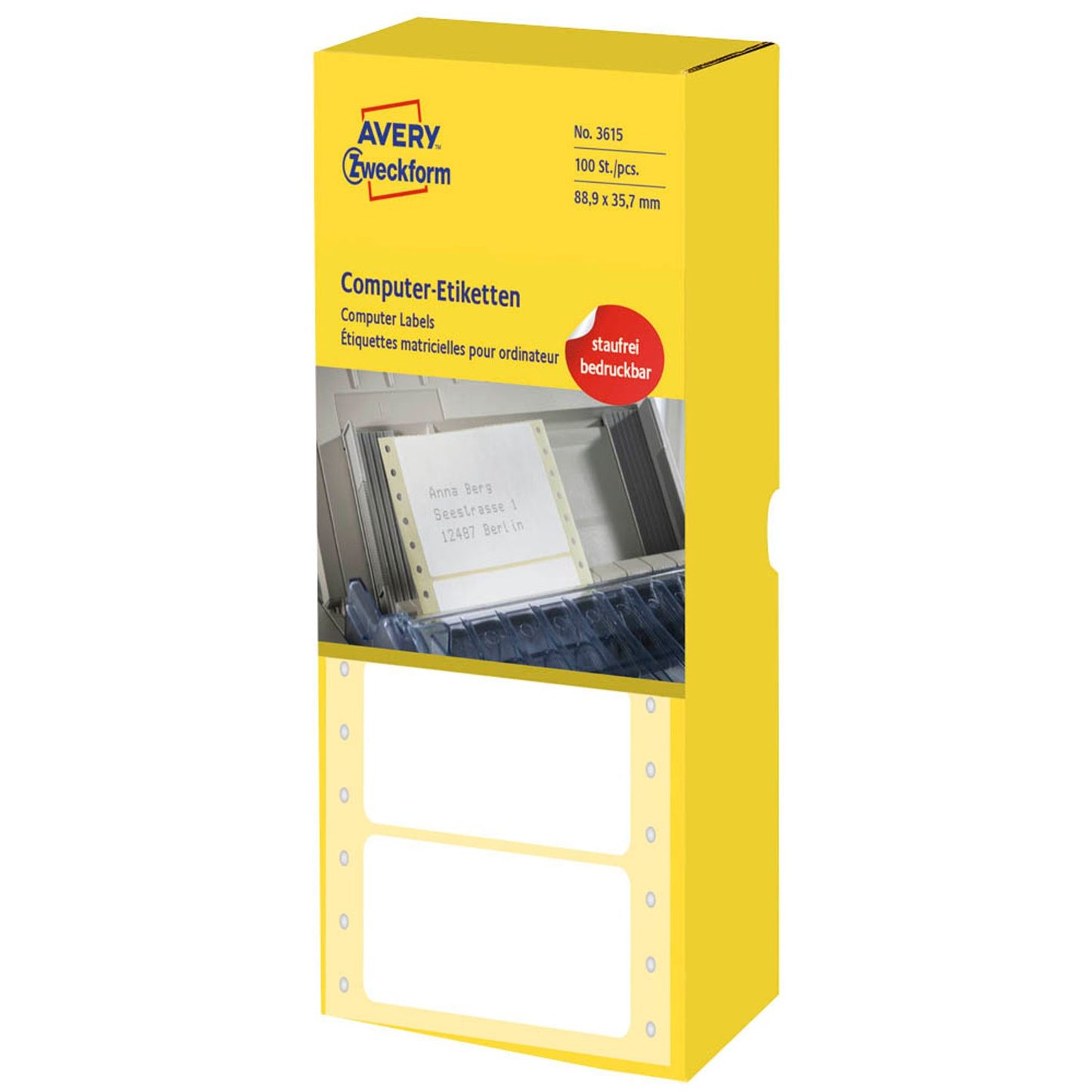 AVERY Zweckform Computer-Endlosetiketten weiß 88,9 x 35,7 mm | 3615 | 1 Pack = 4.000 Etiketten