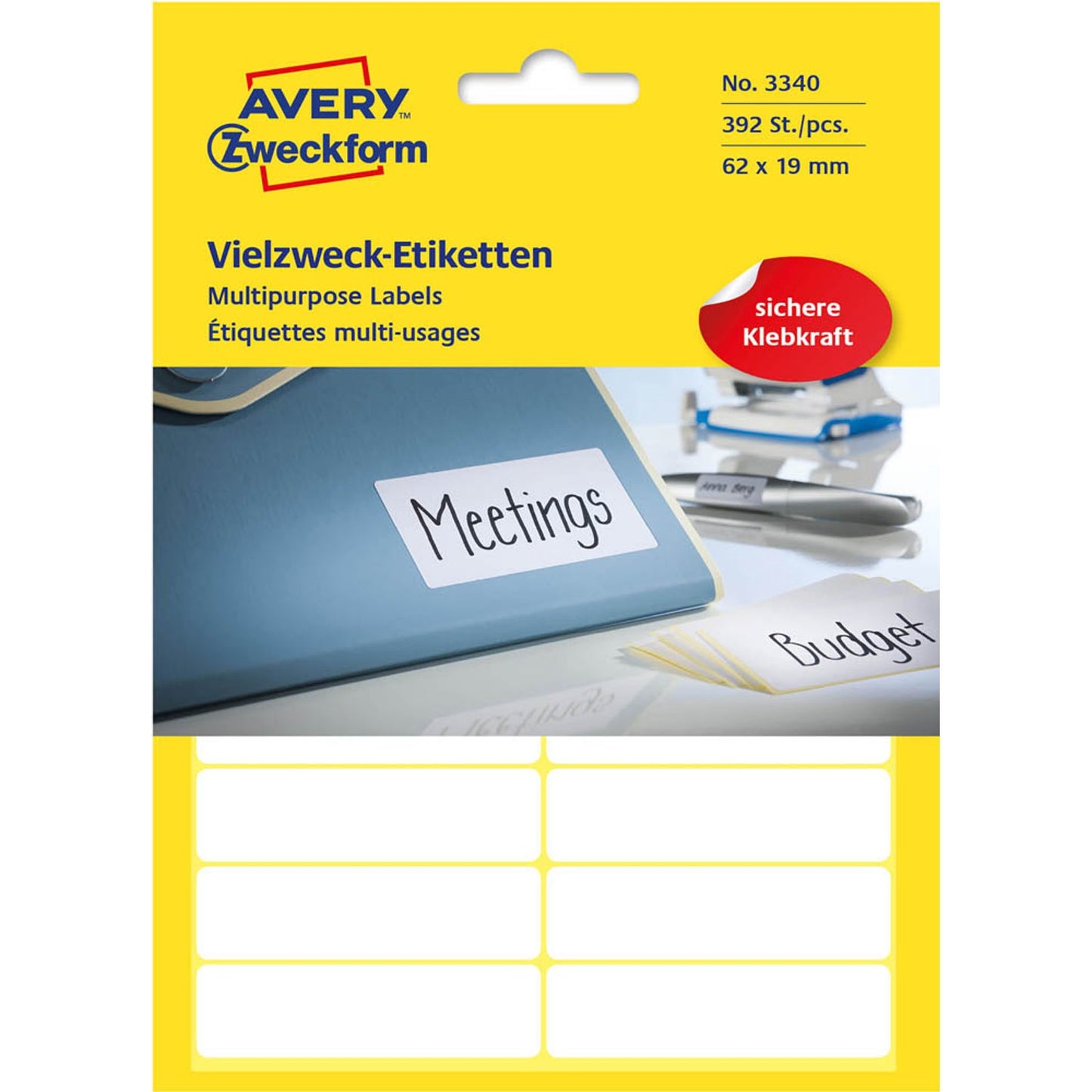 AVERY Zweckform Etiketten weiß 62,0 x 19,0 mm | 3340 | 1 Pack = 392 Etiketten