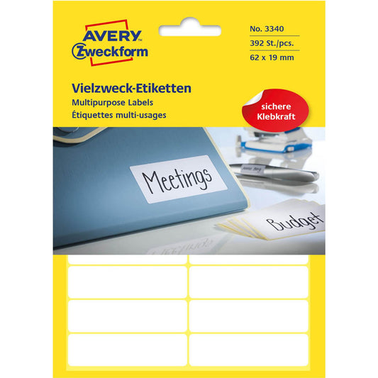 AVERY Zweckform Etiketten weiß 62,0 x 19,0 mm | 3340 | 1 Pack = 392 Etiketten