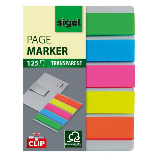 SIGEL Haftmarker transparent mit Clip Haftmarker farbsortiert 5x 25 Streifen | HN610 | 1 Pack = 5x 25 Streifen