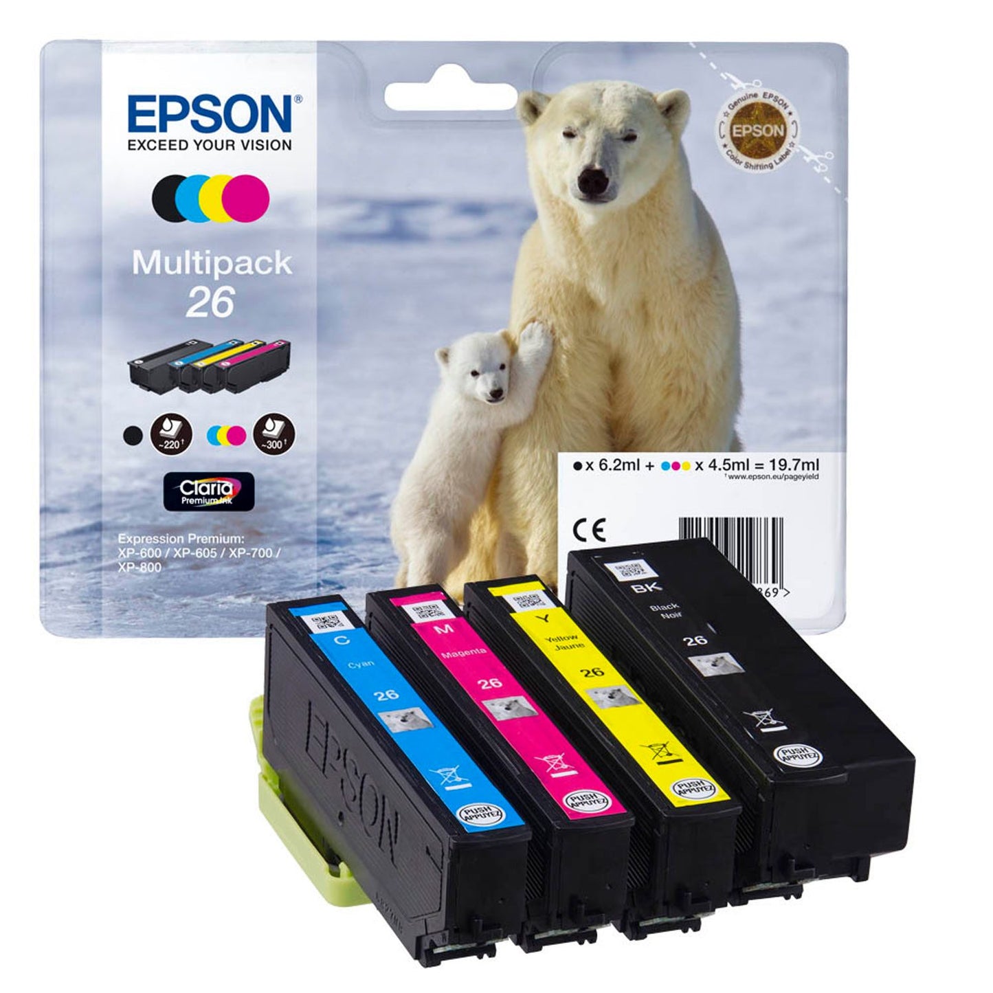 EPSON 26 / T2616 schwarz, cyan, magenta, gelb Druckerpatronen, 4er-Set | C13T26164010 | 1 Pack = 4 St.