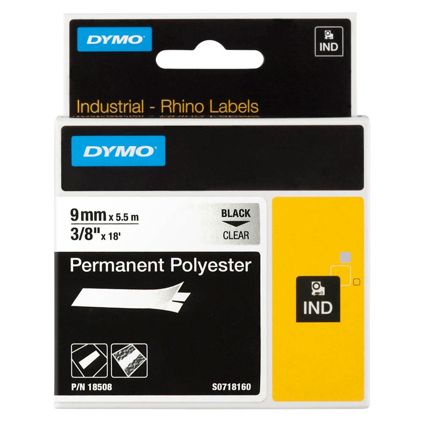 DYMO Schriftband RHINO 18508 , 9 mm schwarz auf transparent | 18508DMO