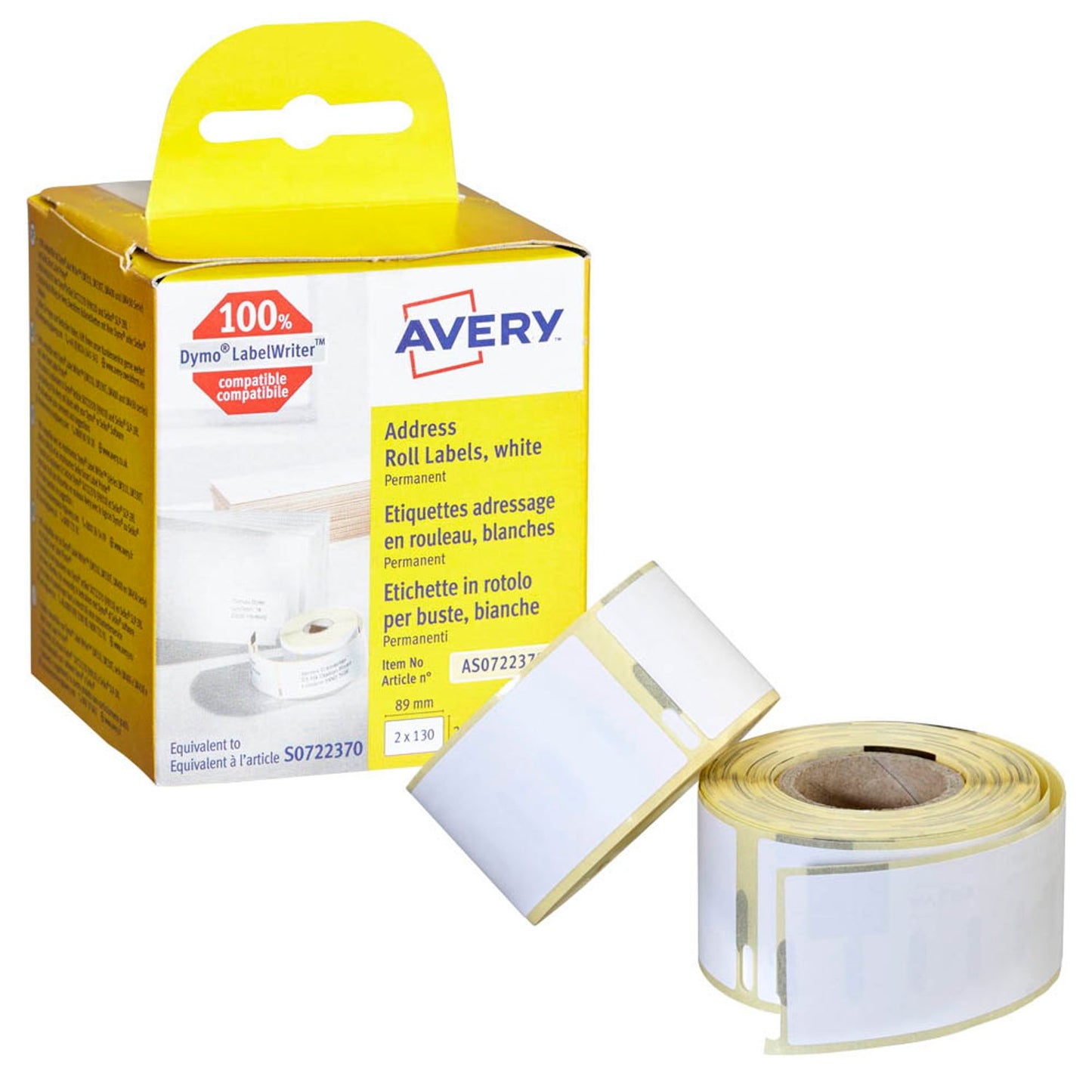 AVERY Zweckform Etikettenrollen für Etikettendrucker weiß, 89,0 x 28,0 mm, 2 x 130 Etiketten | AS0722370 | 1 Pack = 2x 130 Etiketten