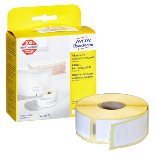 AVERY Zweckform Etikettenrolle für Etikettendrucker weiß, 54,0 x 25,0 mm, 1 x 500 Etiketten | AS0722520 | 1 Pack = 500 Etiketten