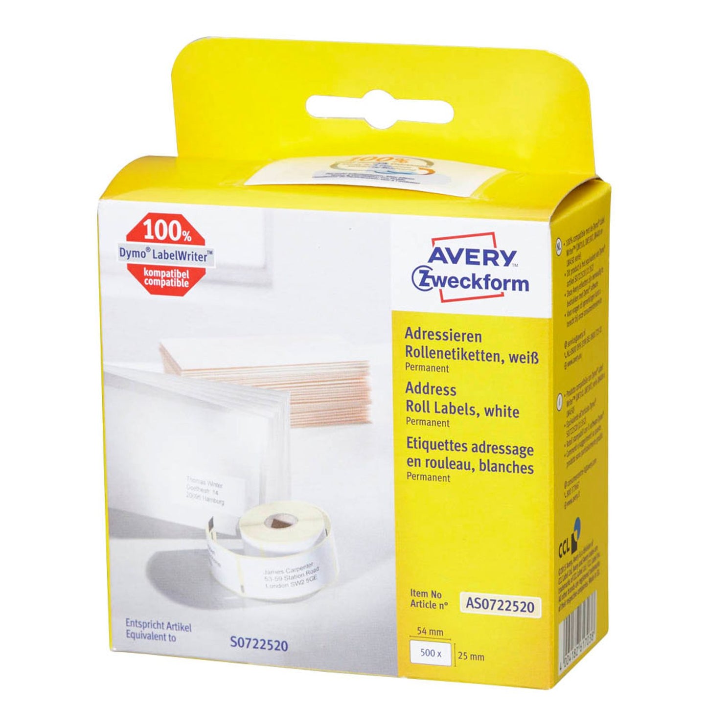 AVERY Zweckform Etikettenrolle für Etikettendrucker weiß, 54,0 x 25,0 mm, 1 x 500 Etiketten | AS0722520 | 1 Pack = 500 Etiketten