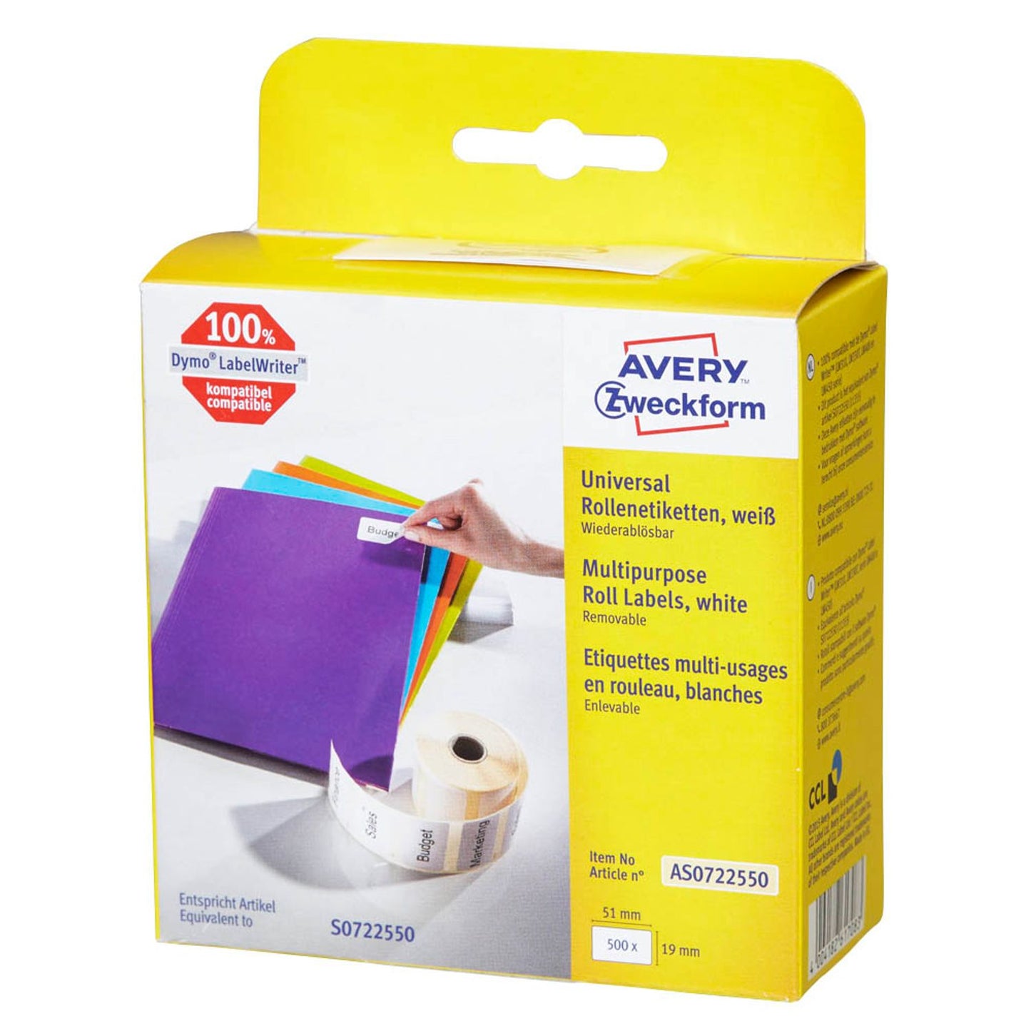 AVERY Zweckform Etikettenrolle für Etikettendrucker weiß, 51,0 x 19,0 mm, 1 x 500 Etiketten | AS0722550 | 1 Pack = 500 Etiketten