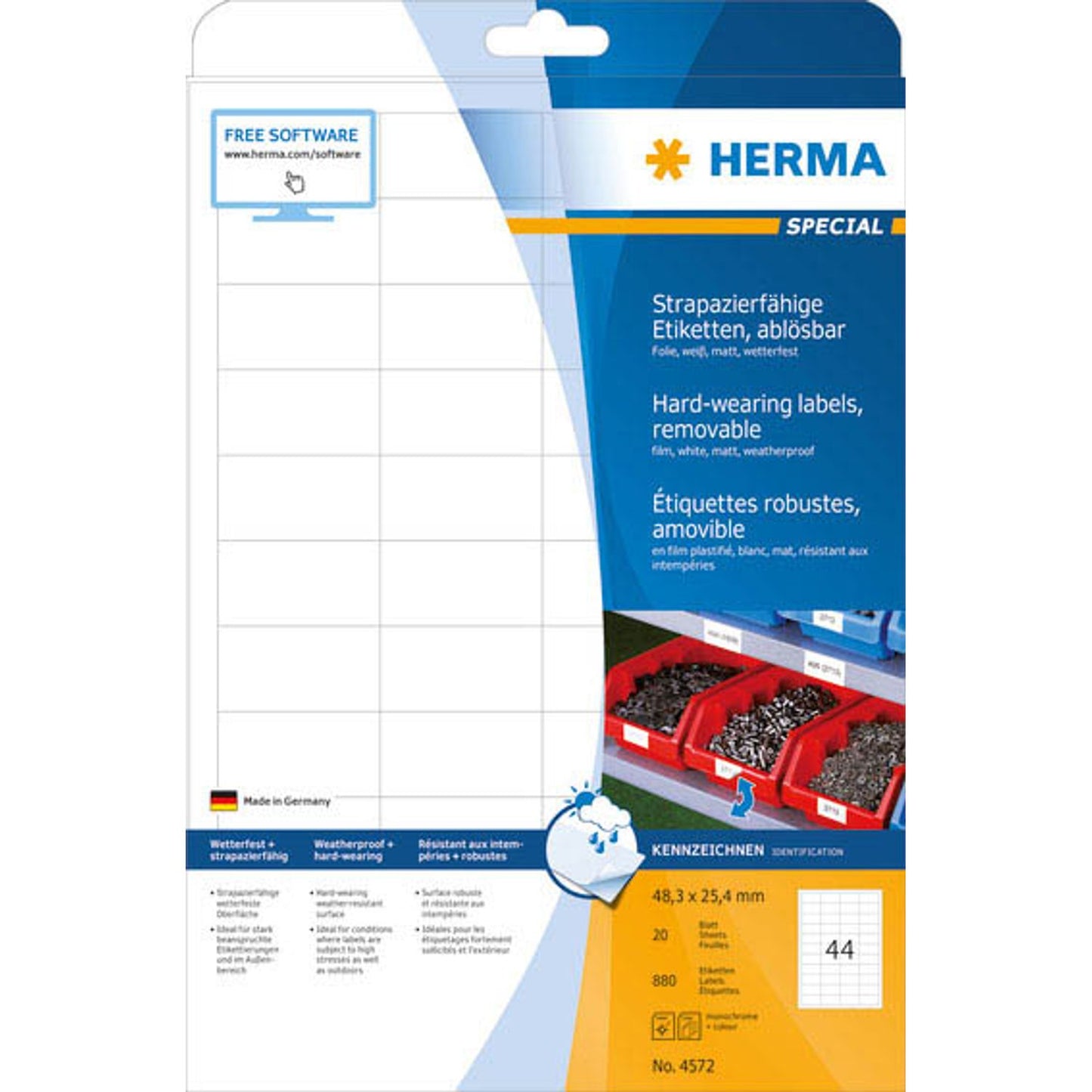 HERMA wetterfeste Folienetiketten weiß 48,3 x 25,4 mm | 4572 | 1 Pack = 20 Blatt