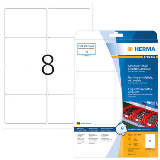 HERMA wetterfeste Folienetiketten weiß 99,1 x 67,7 mm | 4575 | 1 Pack = 20 Blatt
