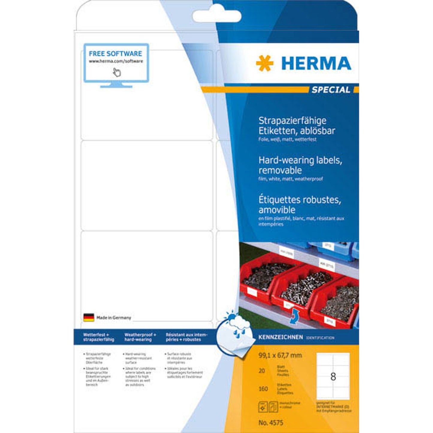 HERMA wetterfeste Folienetiketten weiß 99,1 x 67,7 mm | 4575 | 1 Pack = 20 Blatt