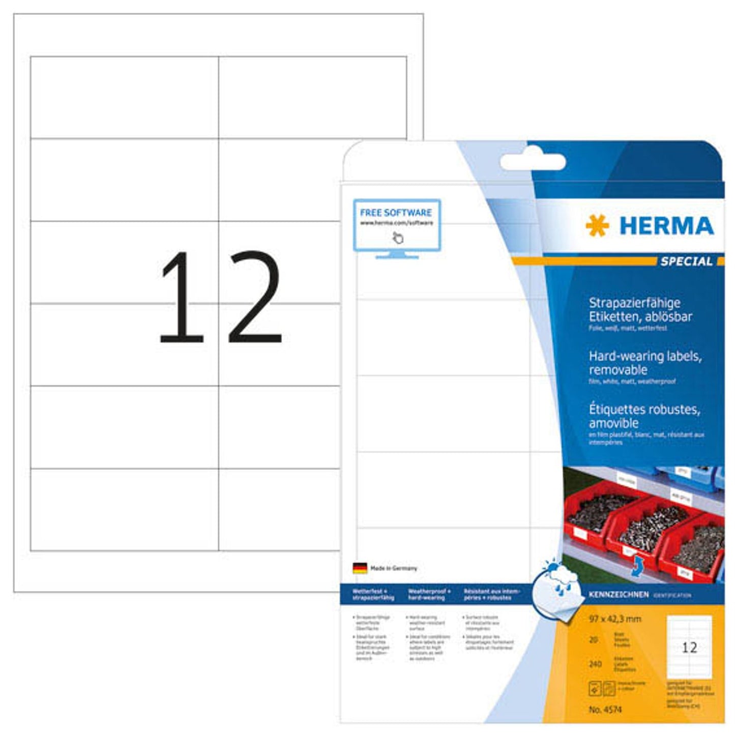 HERMA wetterfeste Folienetiketten weiß 97,0 x 42,3 mm | 4574 | 1 Pack = 20 Blatt