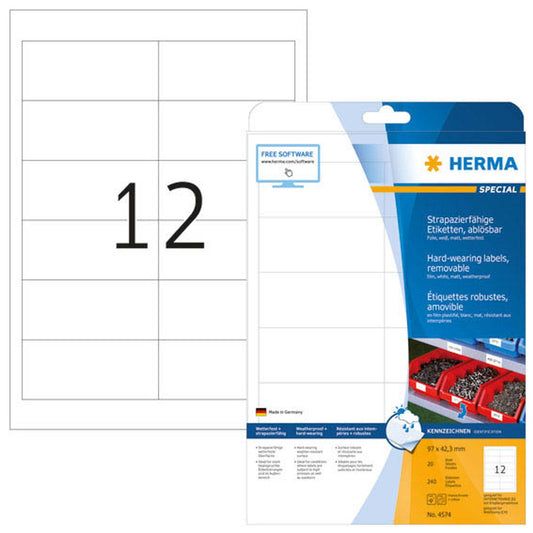 HERMA wetterfeste Folienetiketten weiß 97,0 x 42,3 mm | 4574 | 1 Pack = 20 Blatt