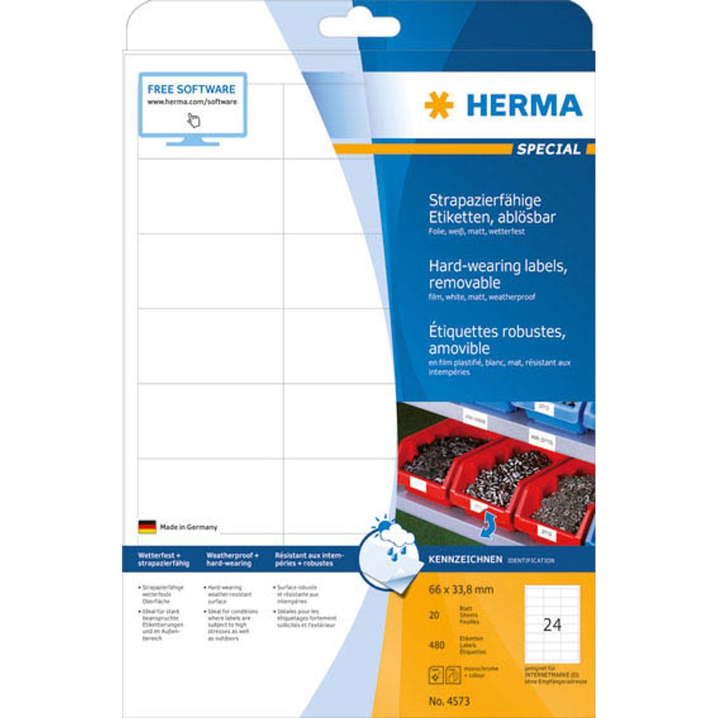 HERMA wetterfeste Folienetiketten weiß 66,0 x 33,8 mm | 4573 | 1 Pack = 20 Blatt