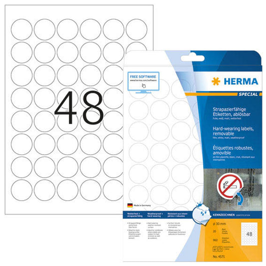 HERMA wetterfeste Folienetiketten weiß 30,0 x 30,0 mm | 4571 | 1 Pack = 20 Blatt