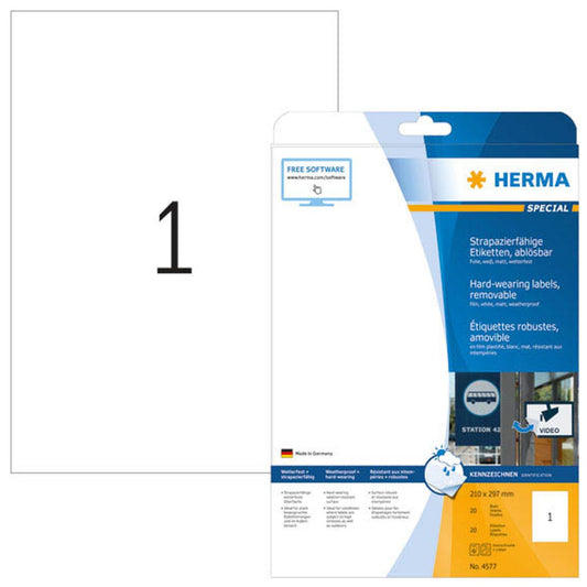 HERMA wetterfeste Folienetiketten weiß 210,0 x 297,0 mm | 4577 | 1 Pack = 20 Blatt