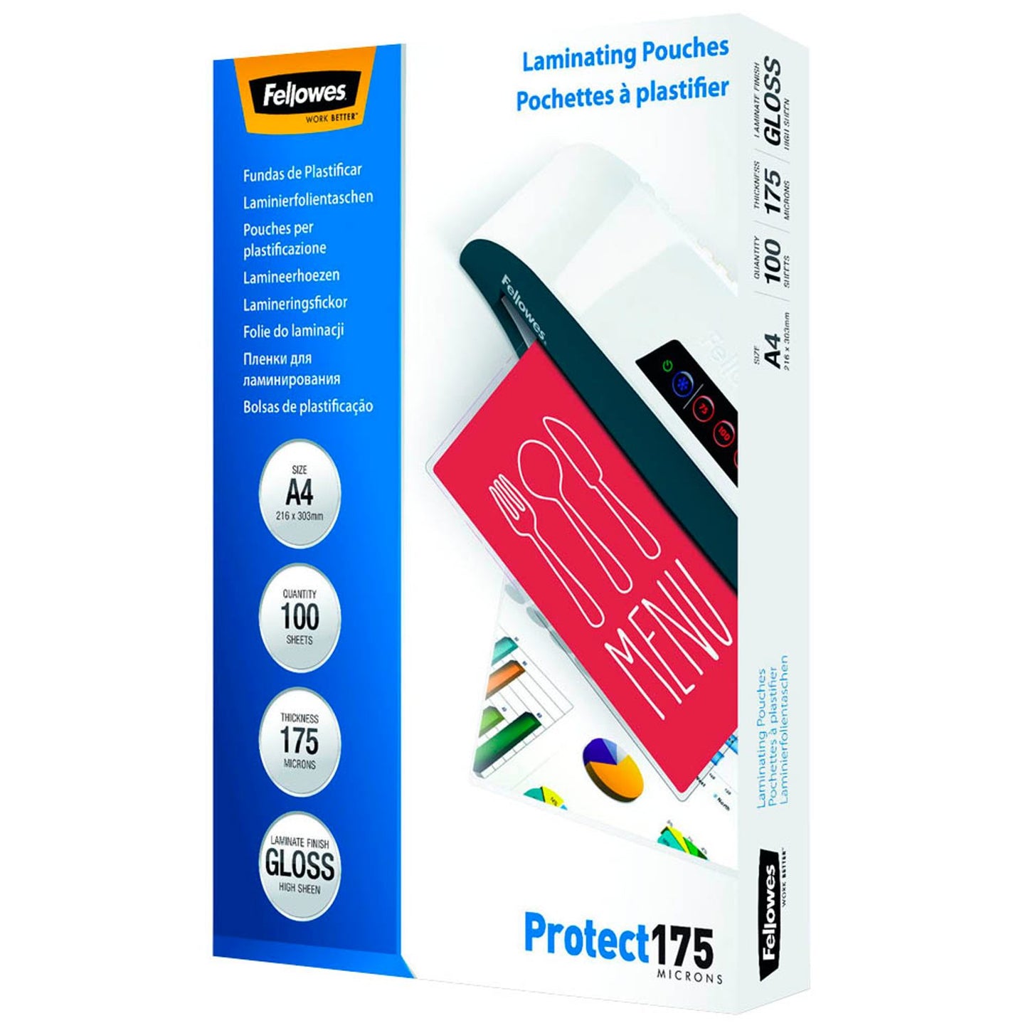 Fellowes Protect175 Laminierfolien glänzend für A4 175 micron | 5308703 | 1 Pack = 100 St.