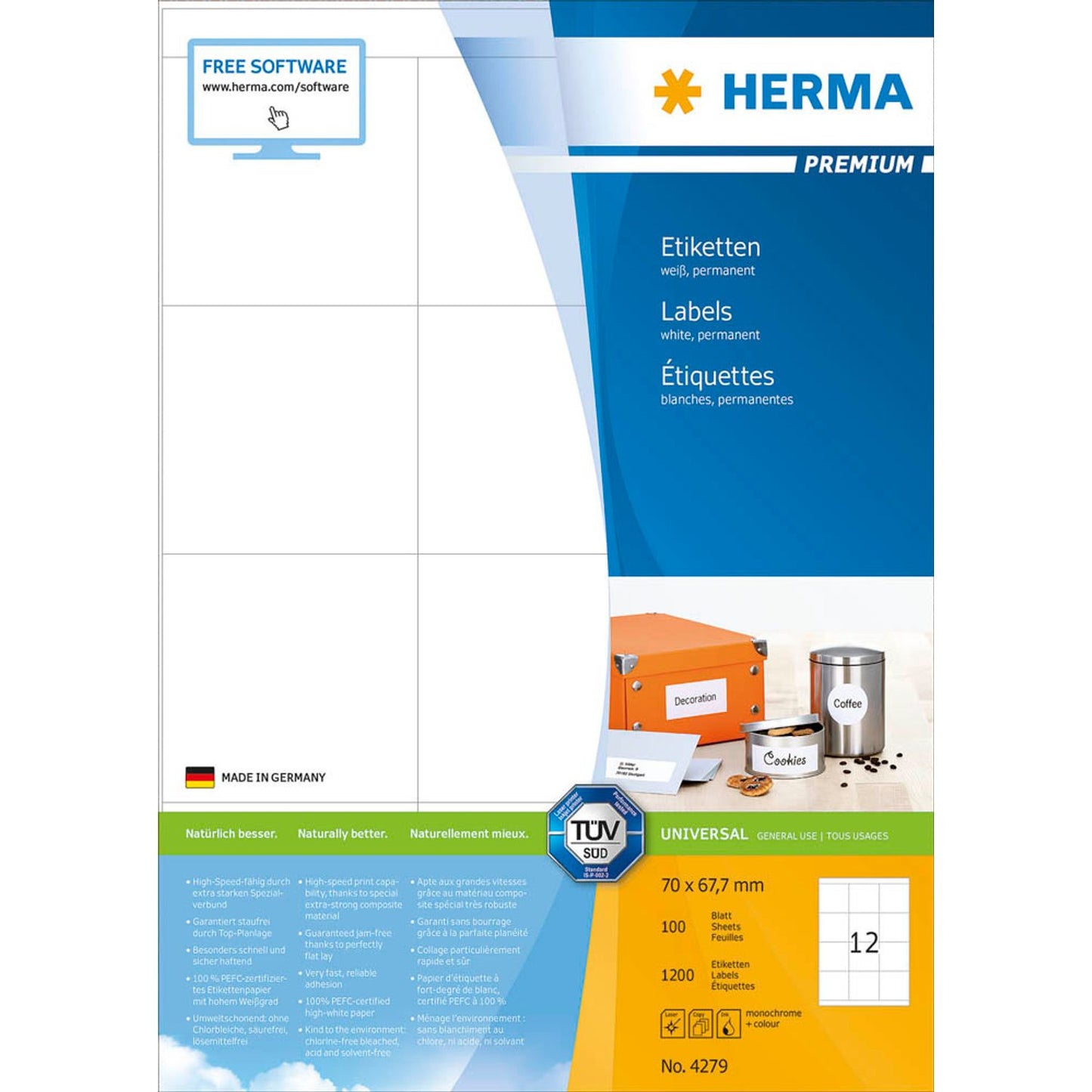 HERMA Etiketten weiß 70,0 x 67,7 mm | 4279 | 1 Pack = 100 Blatt