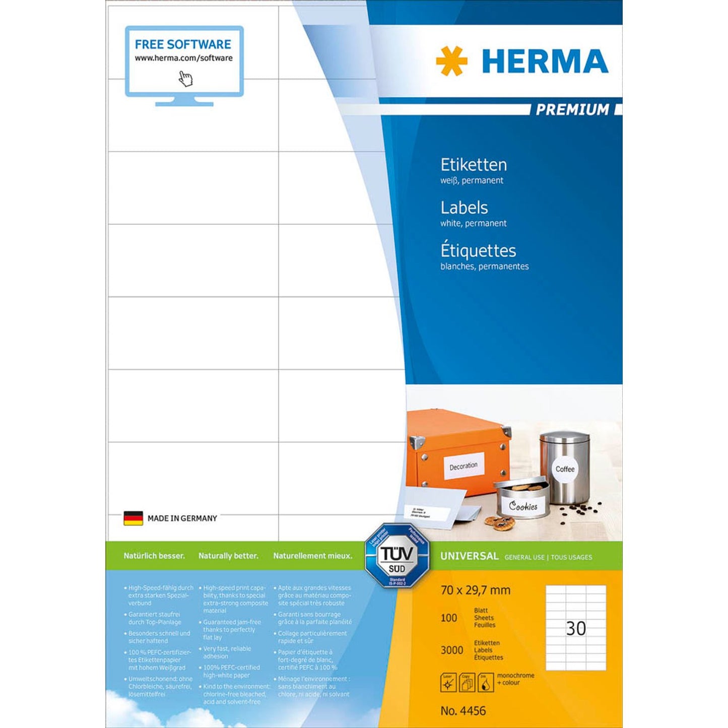 HERMA Etiketten weiß 70,0 x 29,7 mm | 4456 | 1 Pack = 100 Blatt