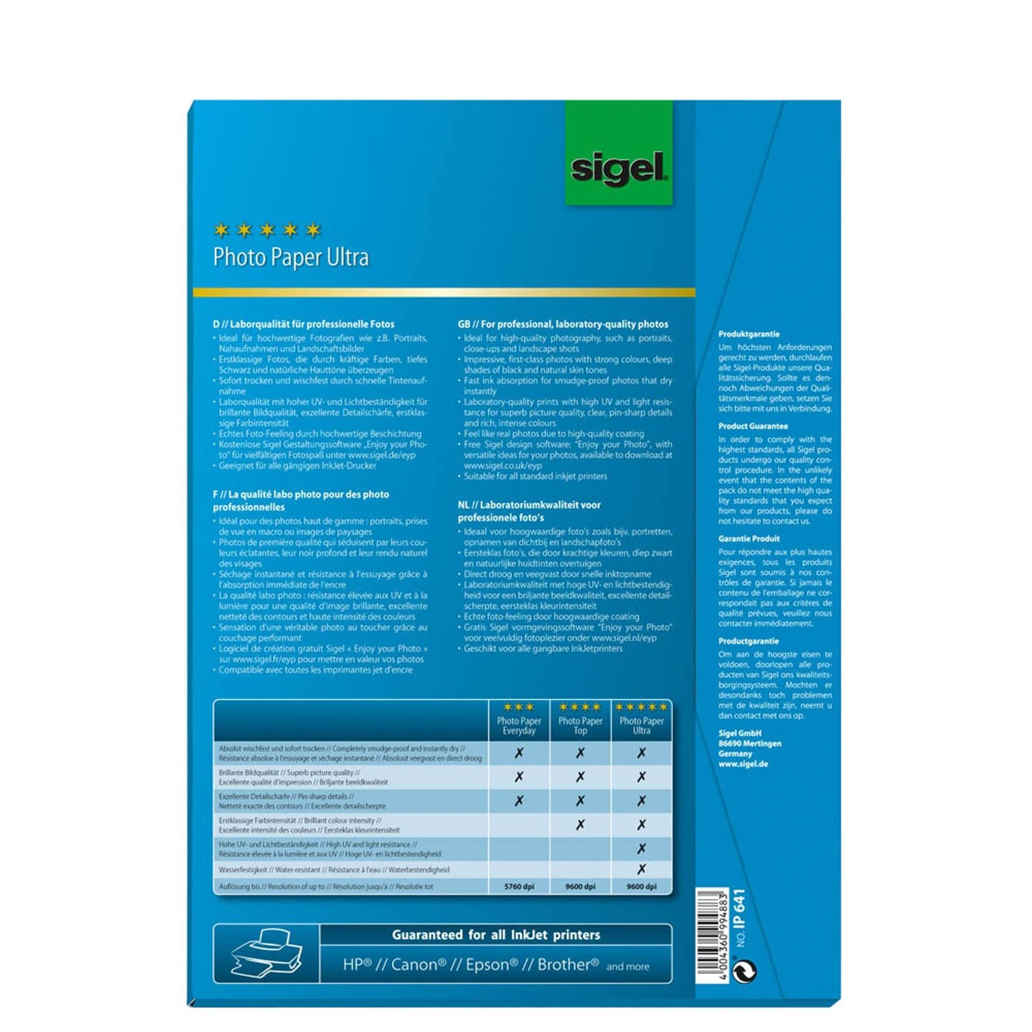 SIGEL Fotopapier DIN A4 hochglänzend 260 g/qm | IP641 | 1 Pack = 50 Blatt