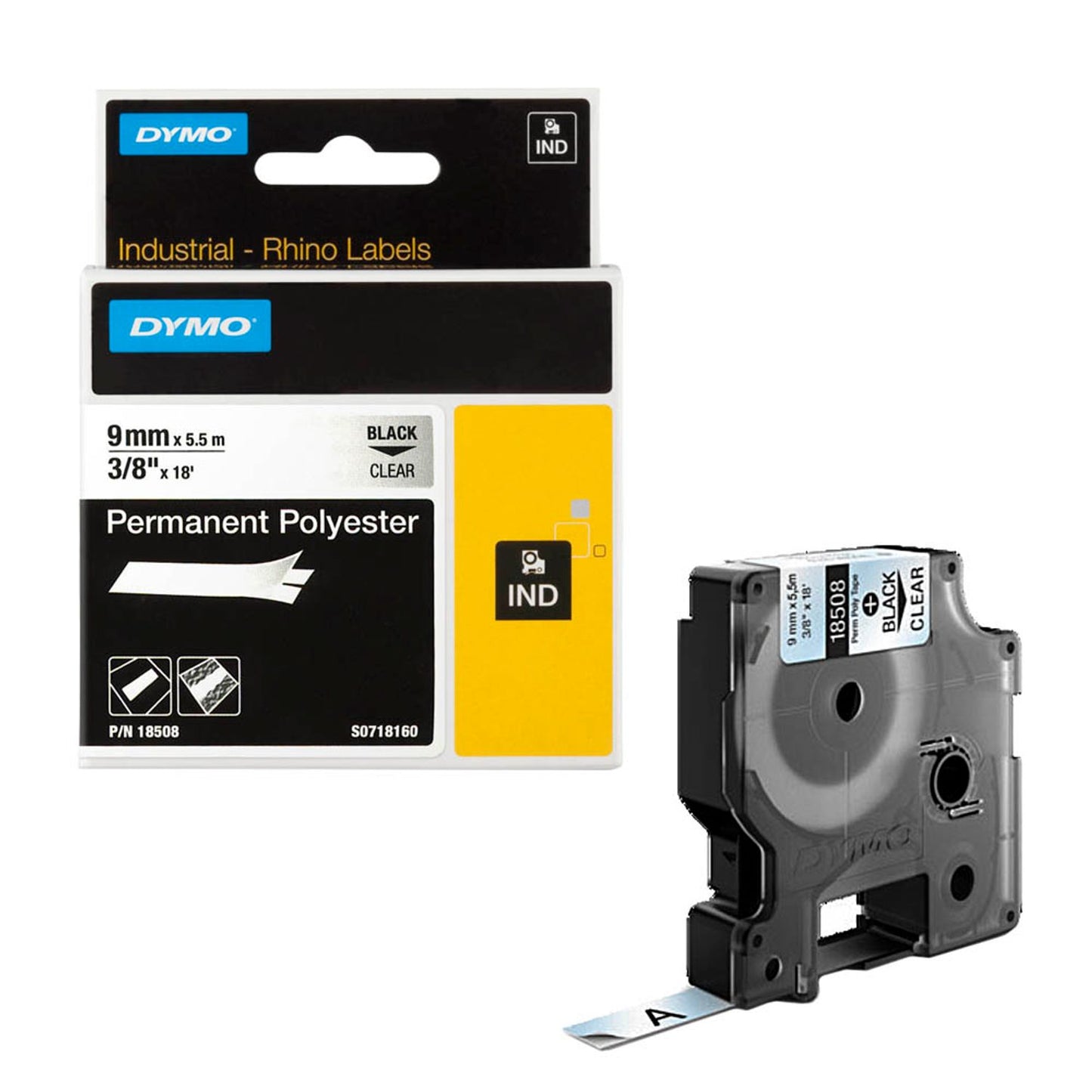 DYMO Schriftband RHINO 18508 , 9 mm schwarz auf transparent | 18508DMO