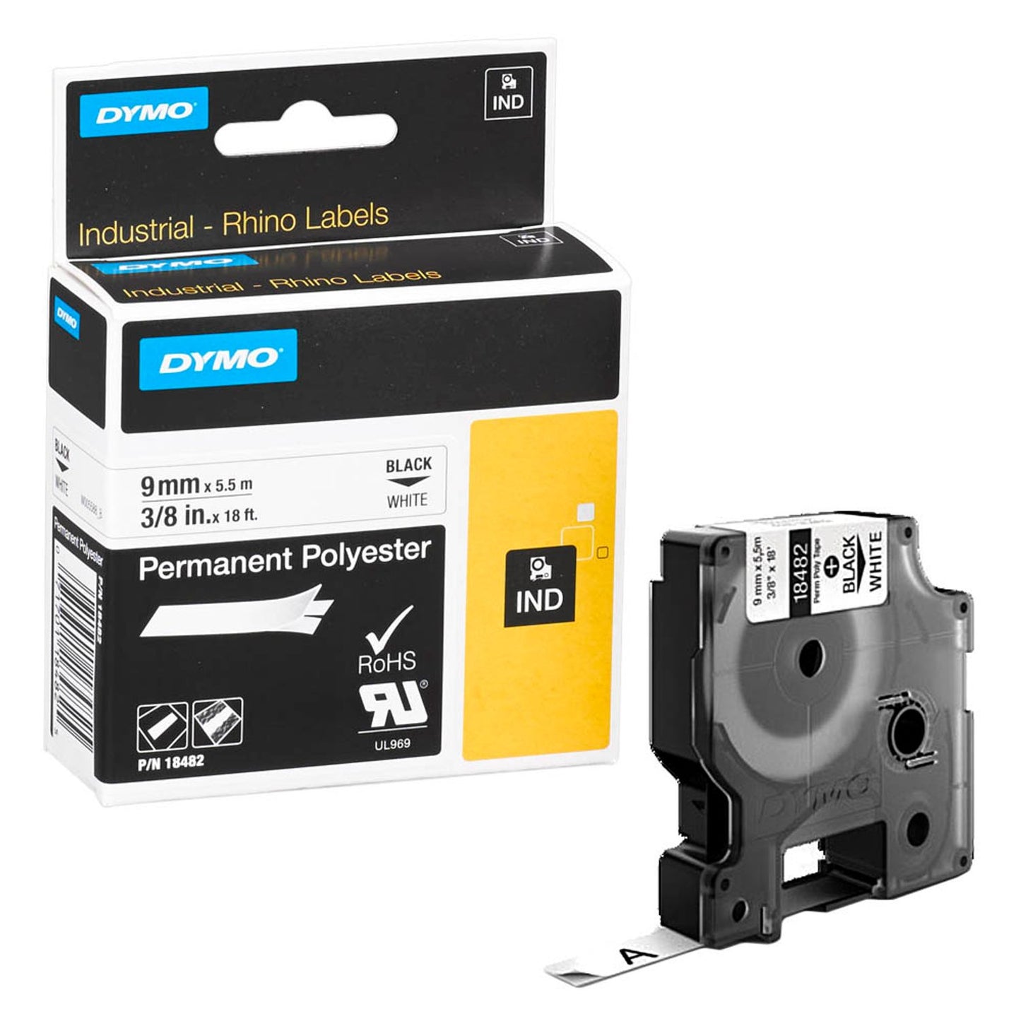 DYMO Schriftband RHINO , 9 mm schwarz auf weiß | 18482