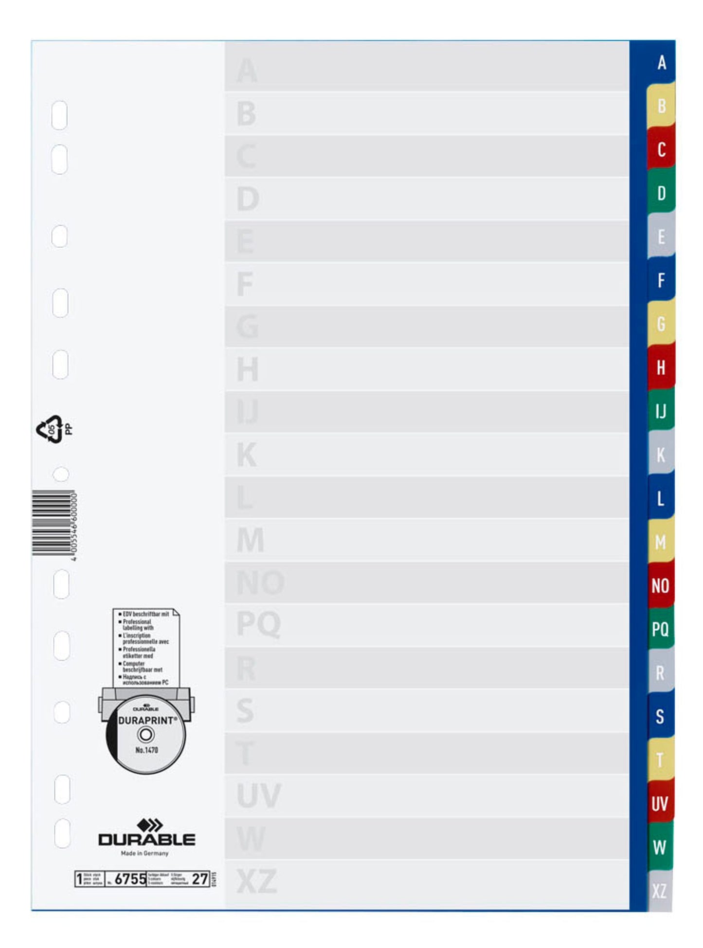 DURABLE Ordnerregister Vollformat blau, gelb, rot, grün, grau, 1 Satz