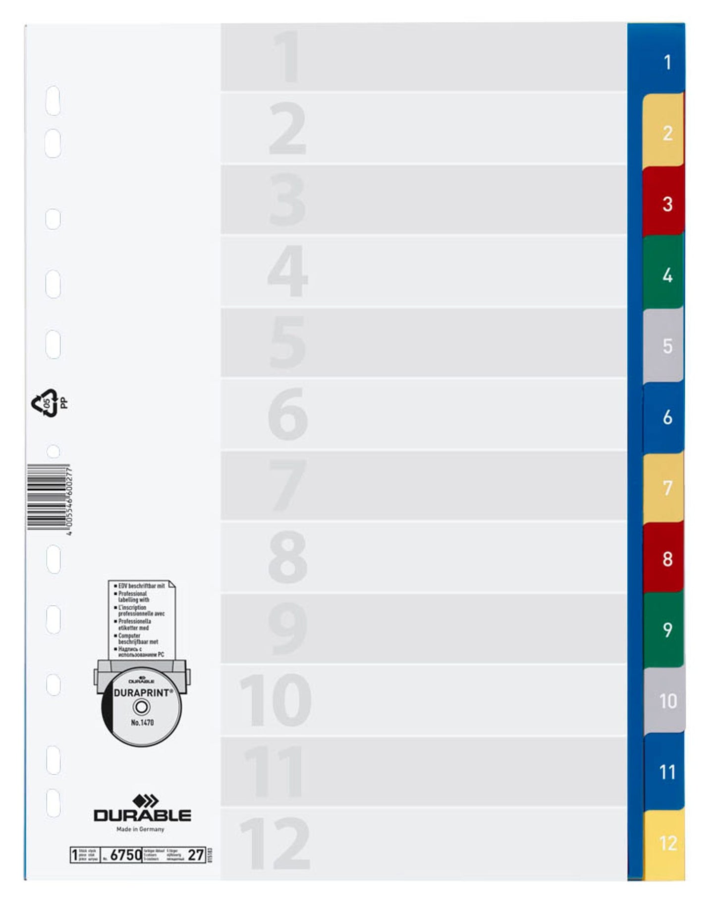 DURABLE Ordnerregister Vollformat blau, gelb, rot, grün, grau, 1 Satz