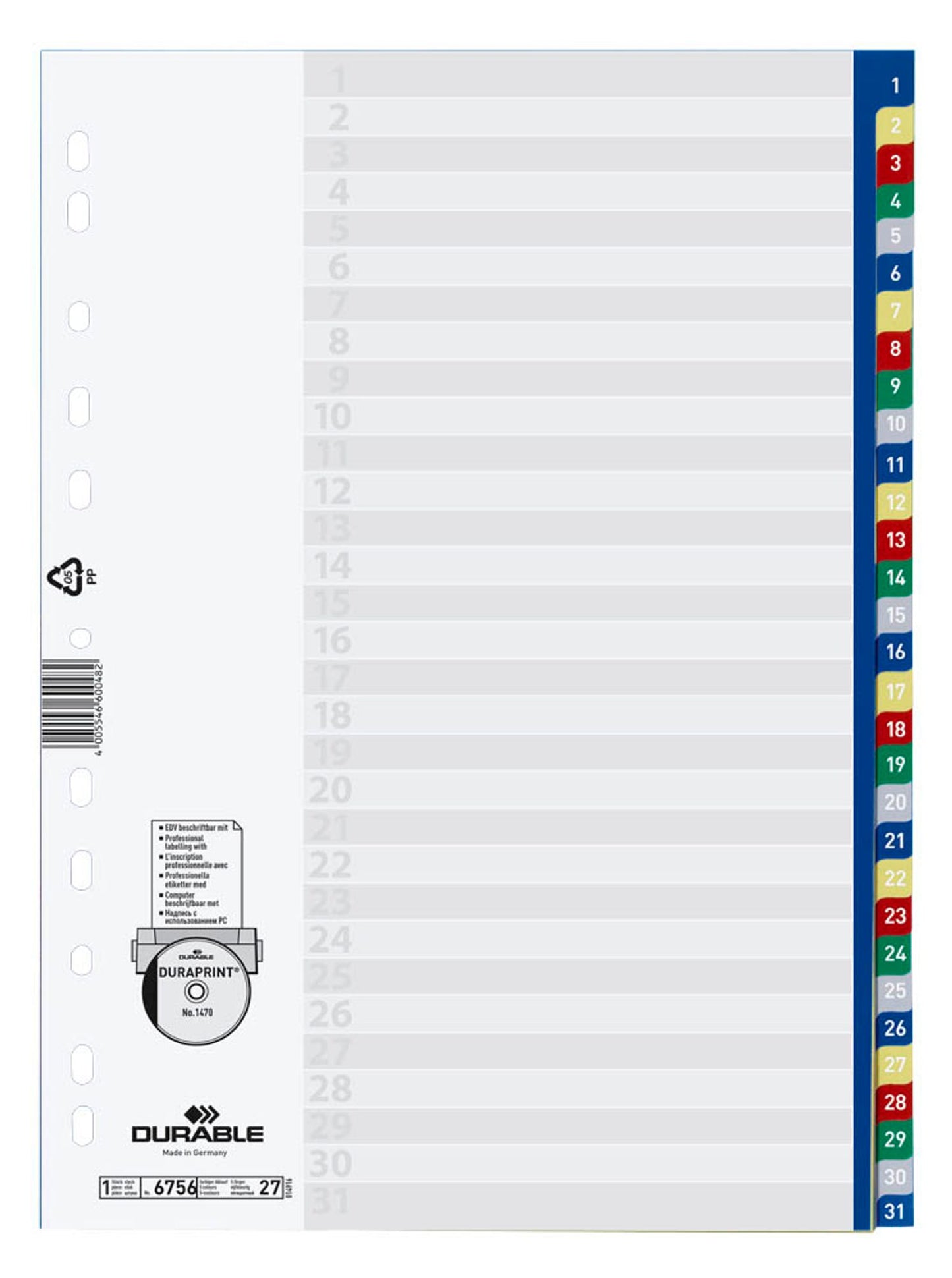 DURABLE Ordnerregister Vollformat blau, gelb, rot, grün, grau, 1 Satz