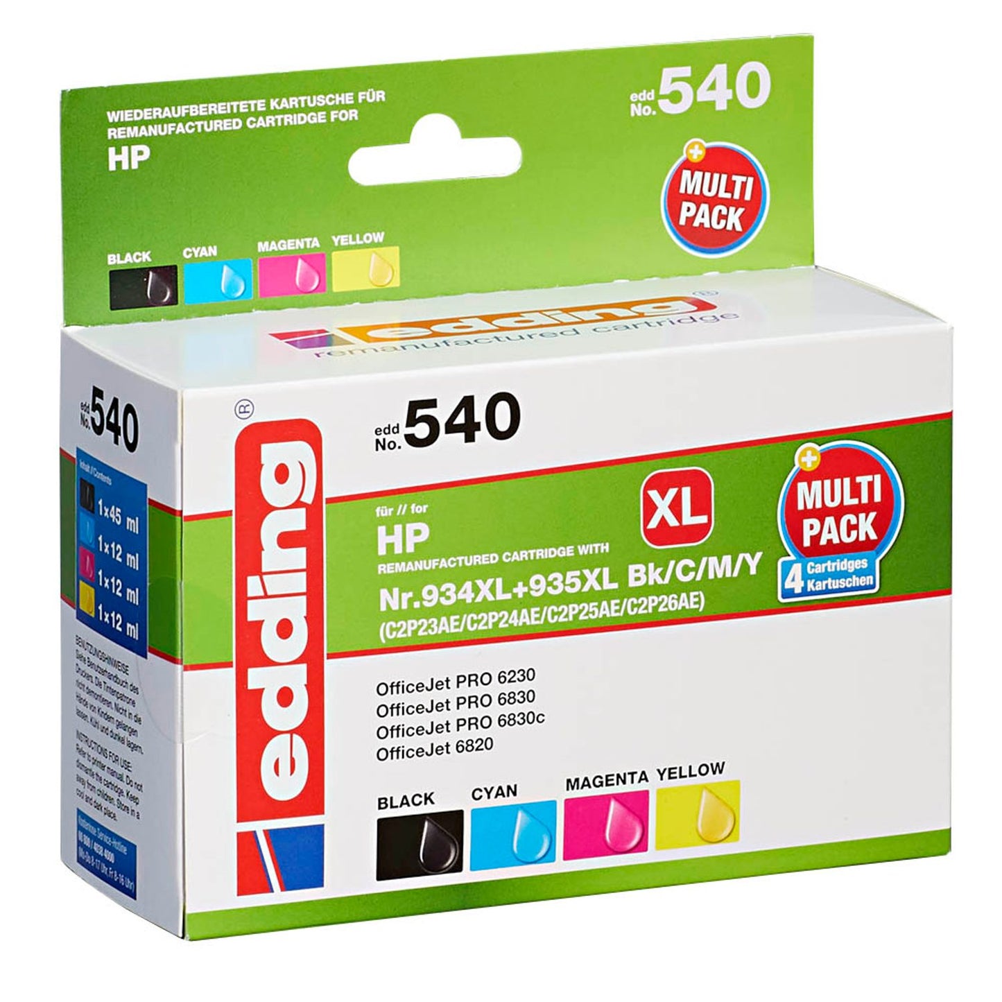 edding EDD-540 schwarz, cyan, magenta, gelb Druckerpatronen kompatibel zu HP 934XL + 935XL (X4E14AE), 4er-Set | 18-540 | 1 Pack = 4 St.