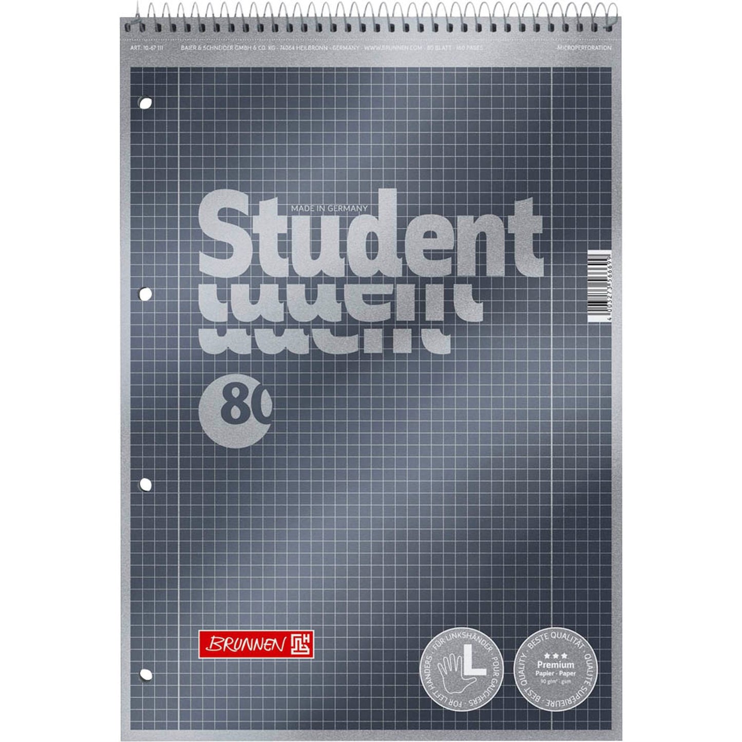 BRUNNEN Collegeblöcke Student Premium Lineatur 28 kariert DIN A4 Innen- und Außenrand | 1067112 | 1 Pack = 5 Blöcke