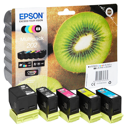 EPSON 202/T02E74 schwarz, Foto schwarz, cyan, magenta, gelb Druckerpatronen, 5er-Set | C13T02E74010 | 1 Pack = 5 St.