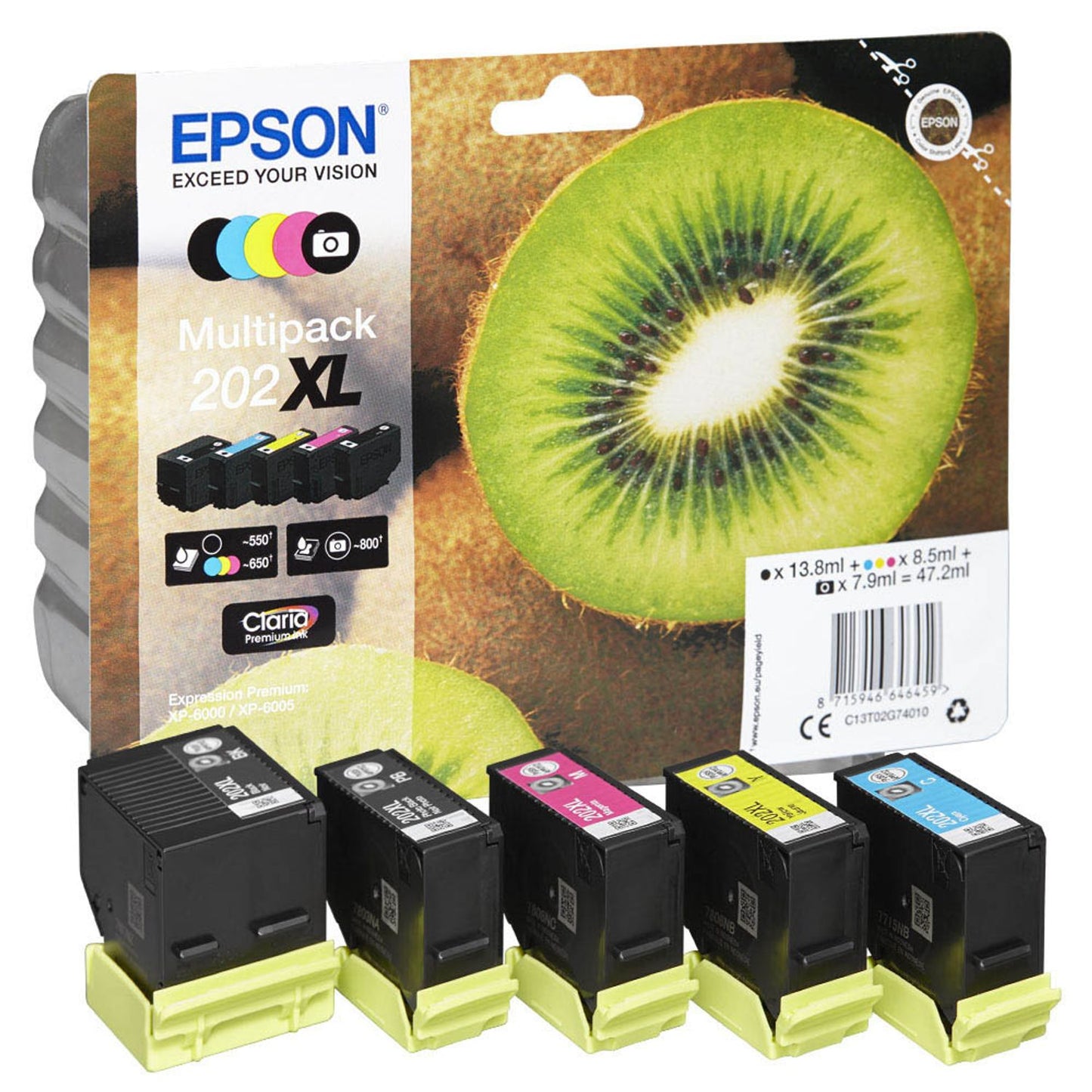 EPSON 202XL/T02G74 schwarz, Foto schwarz, cyan, magenta, gelb Druckerpatronen, 5er-Set | C13T02G74010 | 1 Pack = 5 St.