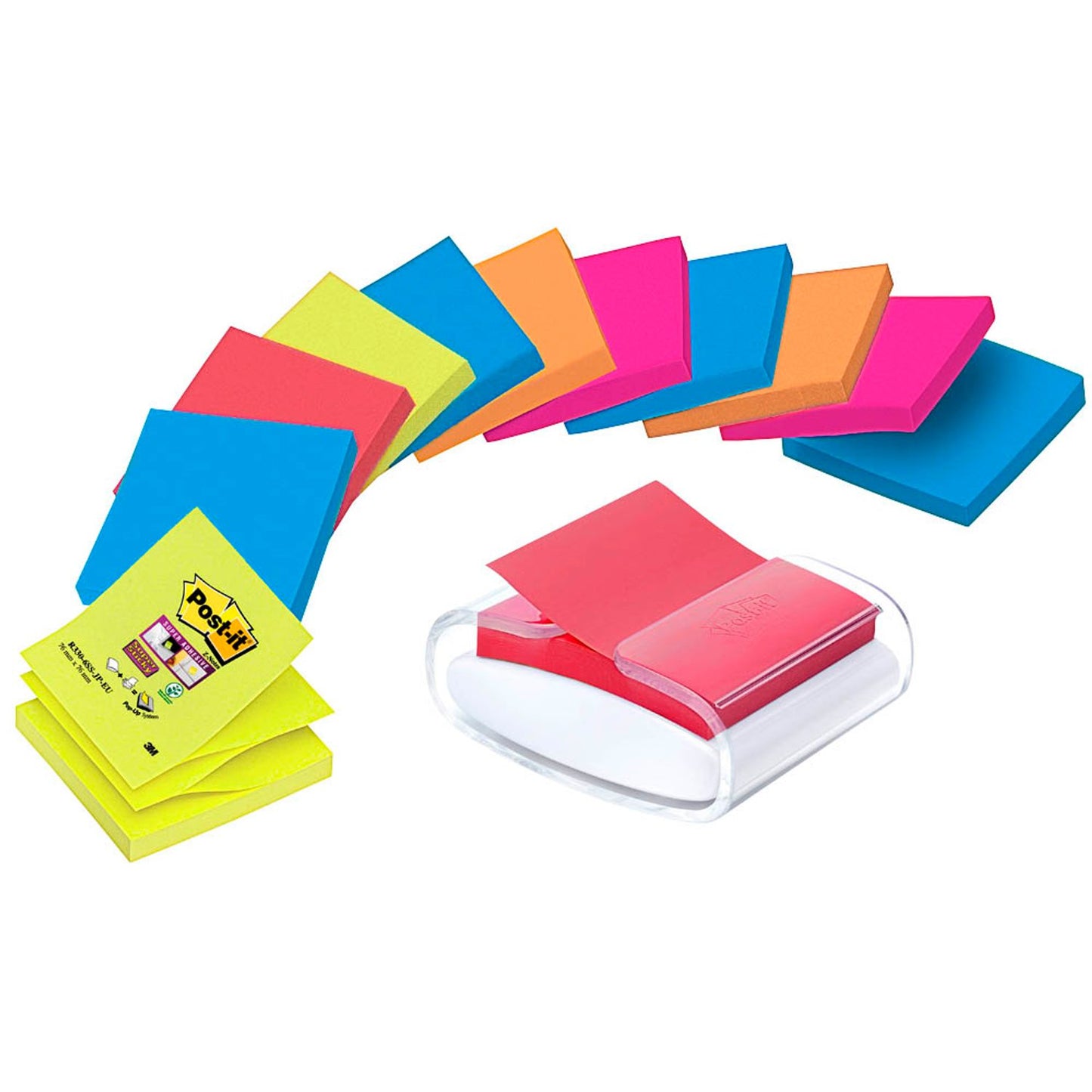 Post-it® AKTION: Super Sticky Z-Notes Bora Bora + Bangkok-Collection Haftnotizen-Set extrastark farbsortiert, 12 Blöcke + GRATIS Spender | PRO-W12N | 1 Set = 12 Blöcke