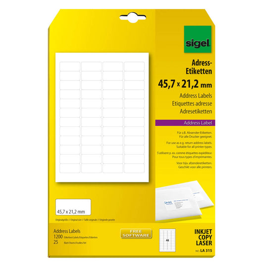 SIGEL 1200 Adressetiketten weiß 45,7 x 21,2 mm | LA315 | 1 Pack = 25 Blatt