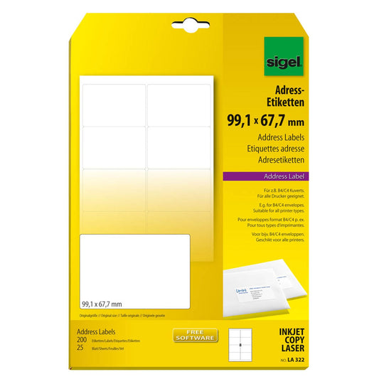 SIGEL Adressetiketten weiß 99,1 x 67,7 mm | LA322 | 1 Pack = 25 Blatt