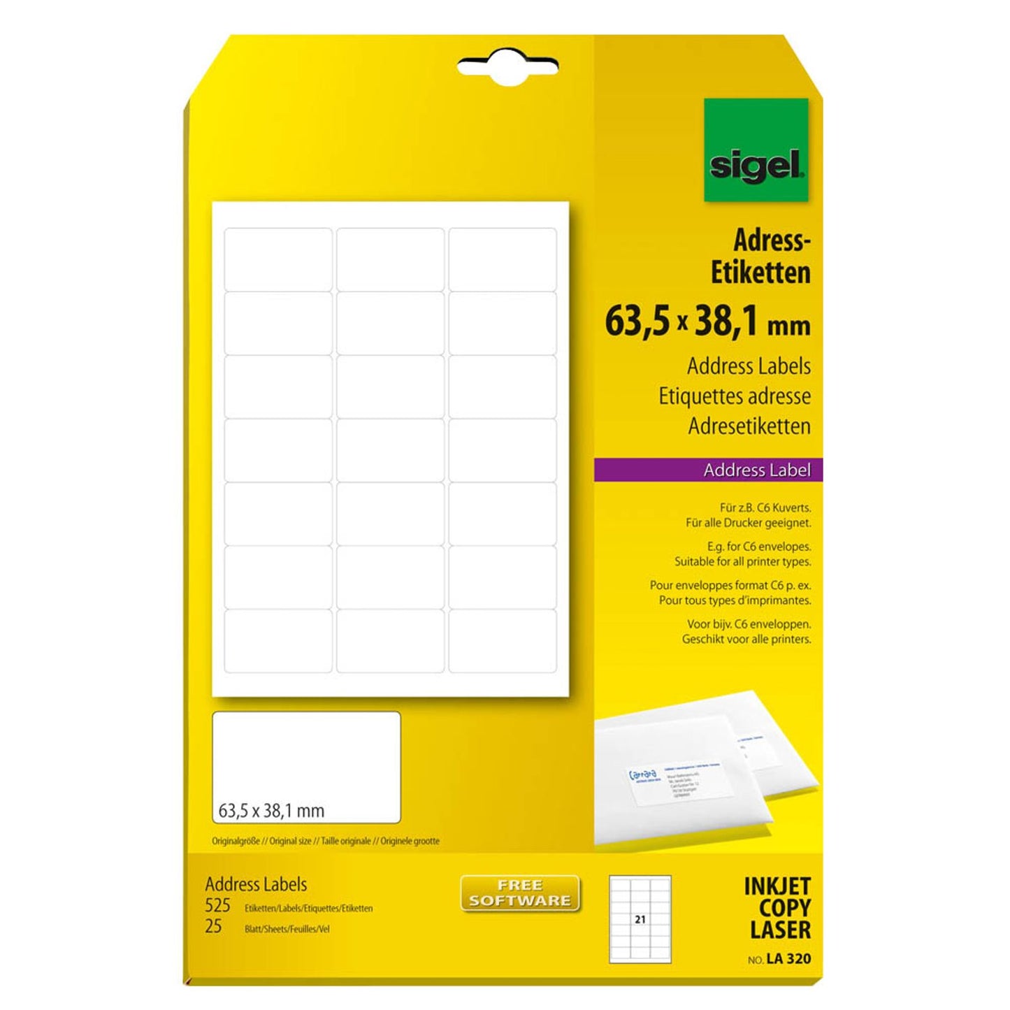 SIGEL Adressetiketten weiß 63,5 x 38,1 mm | LA320 | 1 Pack = 25 Blatt