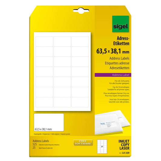 SIGEL Adressetiketten weiß 63,5 x 38,1 mm | LA320 | 1 Pack = 25 Blatt